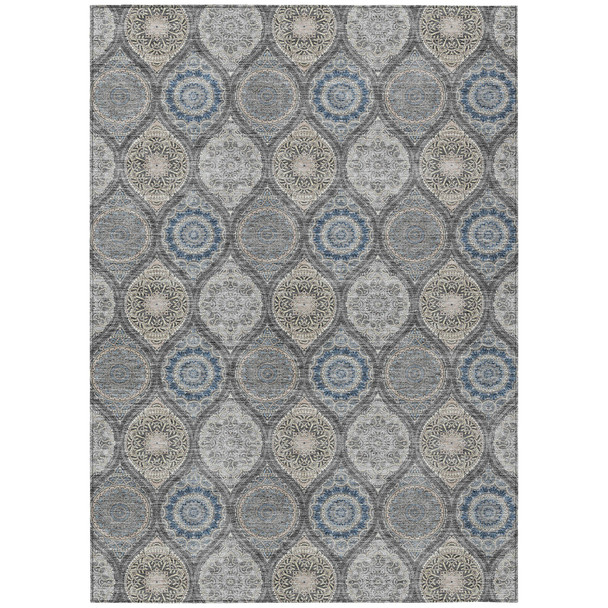 10' X 14' Gray Ivory And Navy Blue Floral Medallion Washable Indoor Outdoor Area Rug