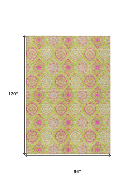 8' X 10' Lime Green Pink And Ivory Floral Medallion Washable Indoor Outdoor Area Rug