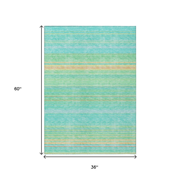 3' X 5' Aqua Green And Yellow Striped Washable Indoor Outdoor Area Rug