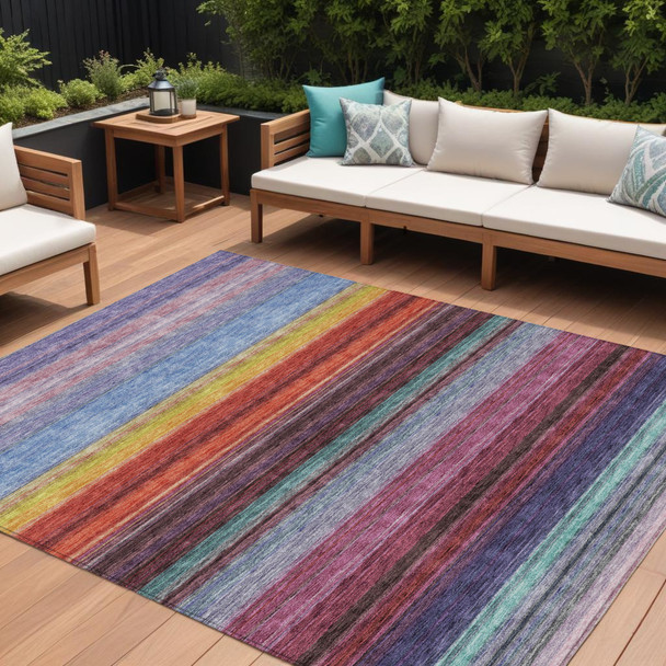 10' X 14' Lavender Blush And Blue Striped Washable Indoor Outdoor Area Rug