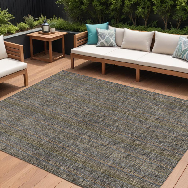 8' X 10' Taupe Denim Blue And Olive Green Striped Washable Indoor Outdoor Area Rug