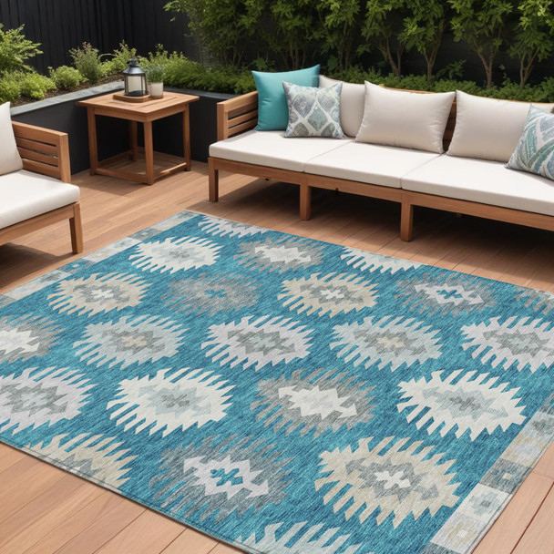 9' X 12' Teal Blue Ivory And Gray Southwestern Washable Indoor Outdoor Area Rug