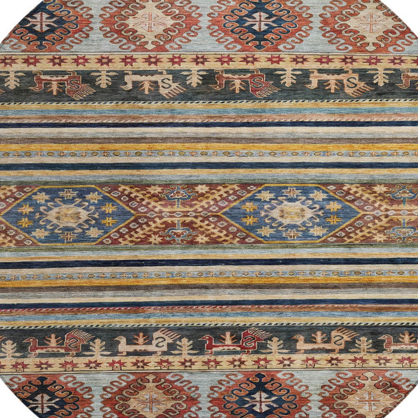 8' Rust Gray And Gold Round Tribal Washable Indoor Outdoor Area Rug