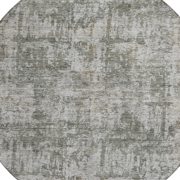 8' Pewter And Ivory Round Abstract Washable Indoor Outdoor Area Rug