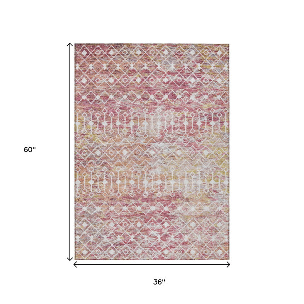 3' X 5' Pink And Ivory Argyle Washable Indoor Outdoor Area Rug