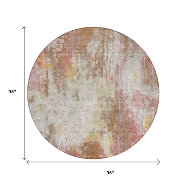 8' Tan Mauve And Ivory Round Abstract Washable Indoor Outdoor Area Rug