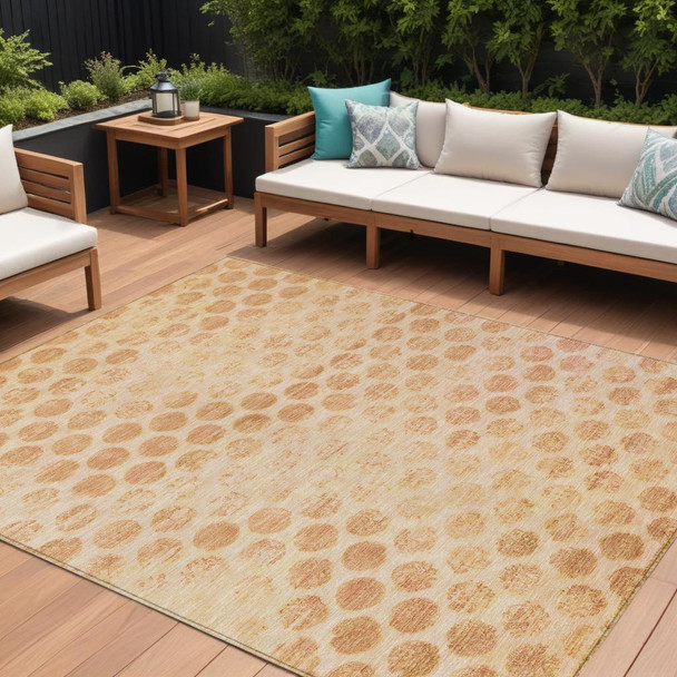 9' X 12' Peach And Rust Polka Dot Washable Indoor Outdoor Area Rug