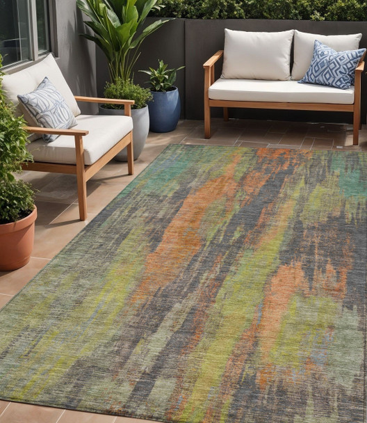 5' X 8' Orange And Teal Blue Abstract Washable Indoor Outdoor Area Rug