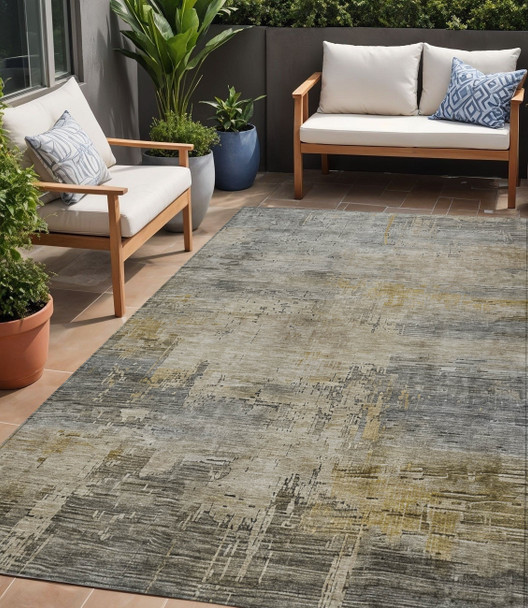 5' X 8' Pewter And Wheat Abstract Washable Indoor Outdoor Area Rug