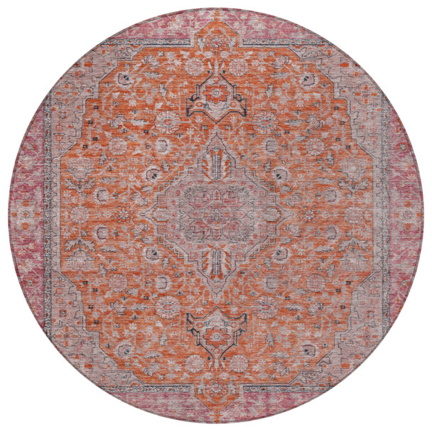 8' Orange And Red Round Medallion Washable Indoor Outdoor Area Rug