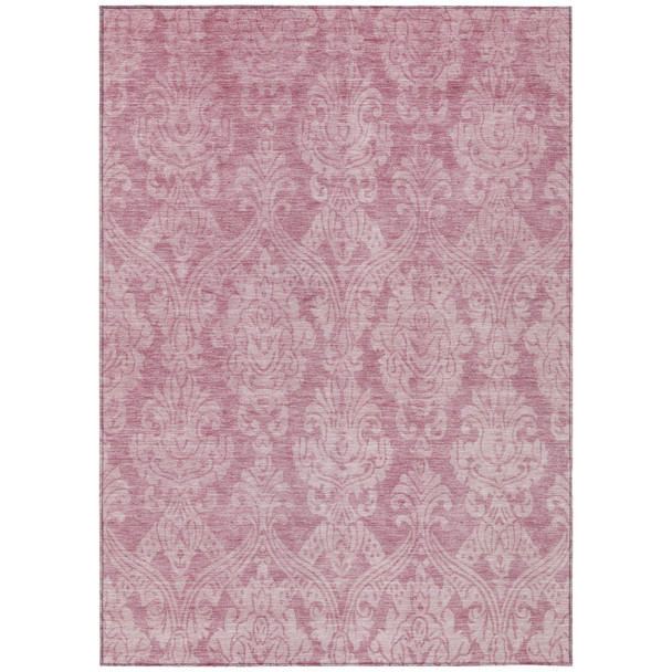 10' X 14' Pink And Ivory Damask Washable Indoor Outdoor Area Rug