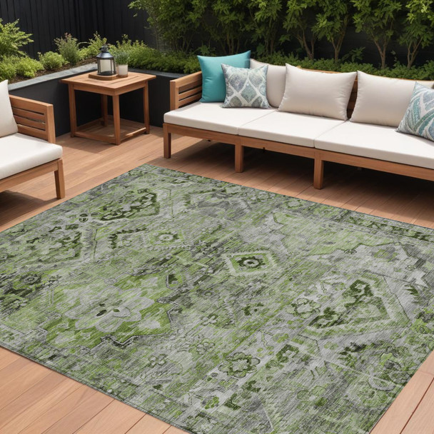9' X 12' Artichoke Green And Gray Floral Medallion Washable Indoor Outdoor Area Rug