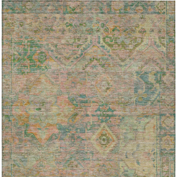 10' X 14' Green Teal Blue And Mauve Floral Medallion Washable Indoor Outdoor Area Rug