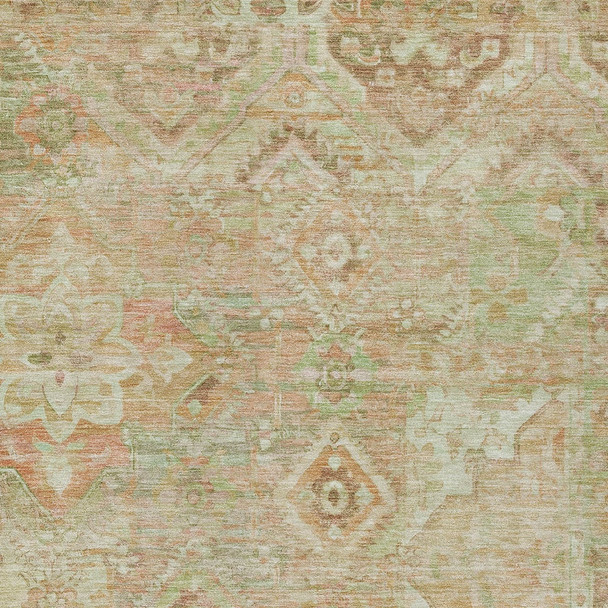 3' X 5' Salmon Fern Green And Beige Floral Medallion Washable Indoor Outdoor Area Rug