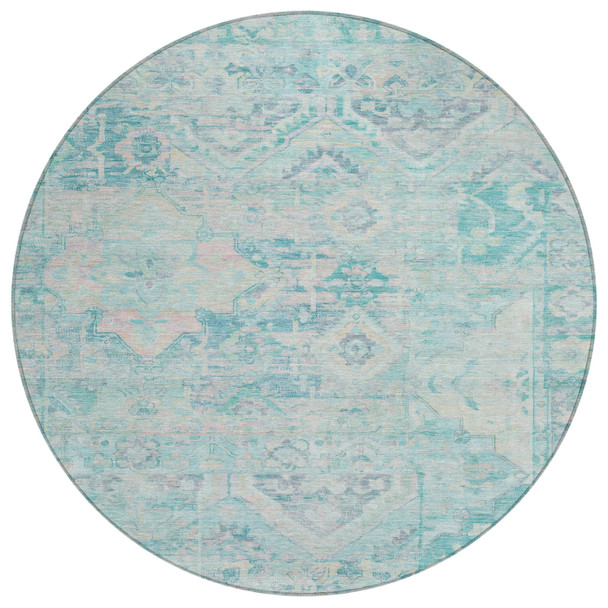 8' Teal Blue And Pink Round Floral Medallion Washable Indoor Outdoor Area Rug
