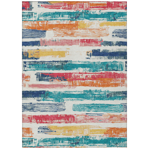 9' X 12' Ivory Teal Blue Orange And Red Striped Washable Indoor Outdoor Area Rug