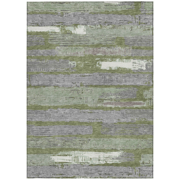 10' X 14' Olive Green Ivory And Blue Striped Washable Indoor Outdoor Area Rug