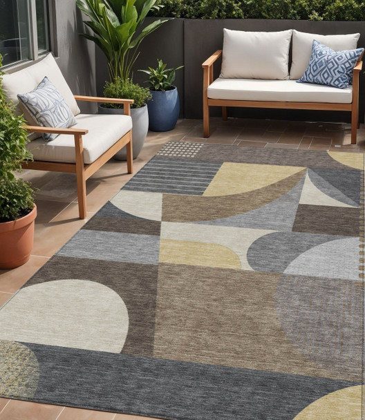 5' X 8' Brown Taupe And Wheat Geometric Washable Indoor Outdoor Area Rug