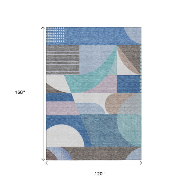 10' X 14' Sky Blue Teal Blue And Brown Geometric Washable Indoor Outdoor Area Rug