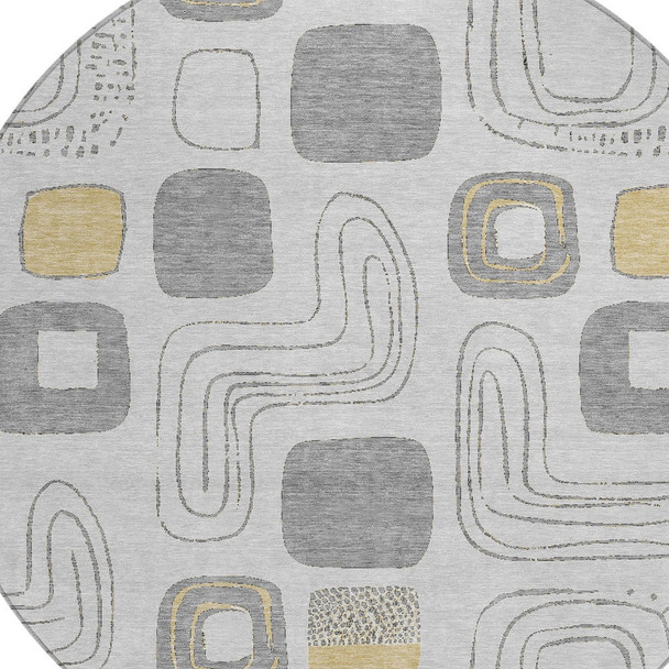 8' Gray Silver And Gold Round Geometric Washable Indoor Outdoor Area Rug