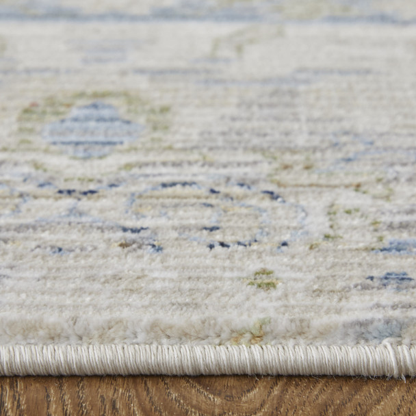 8' Ivory Green And Blue Abstract Distressed Runner Rug