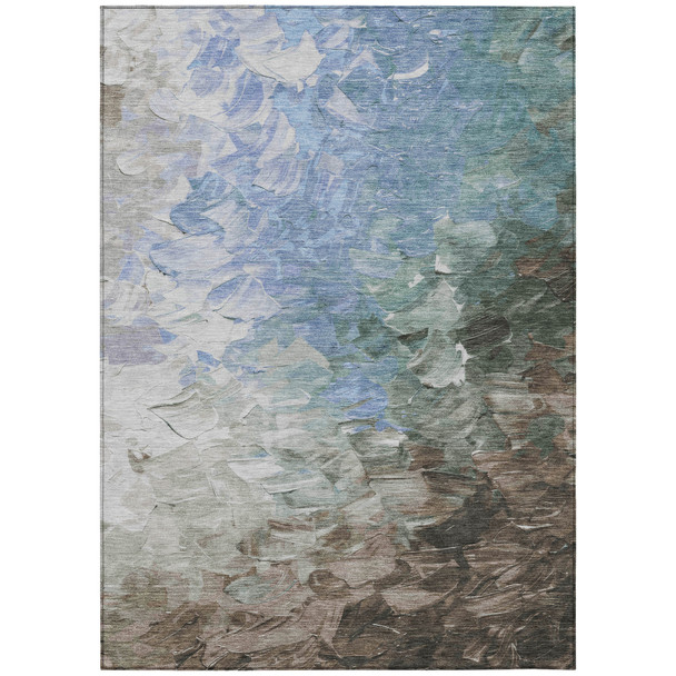 8' X 10' Denim Blue Taupe And Ivory Abstract Washable Indoor Outdoor Area Rug
