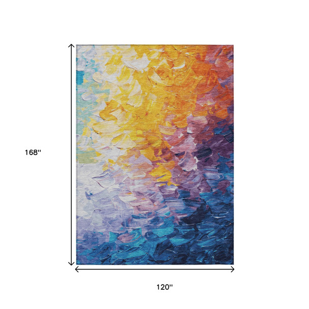 10' X 14' Gold Yellow And Teal Blue Abstract Washable Indoor Outdoor Area Rug
