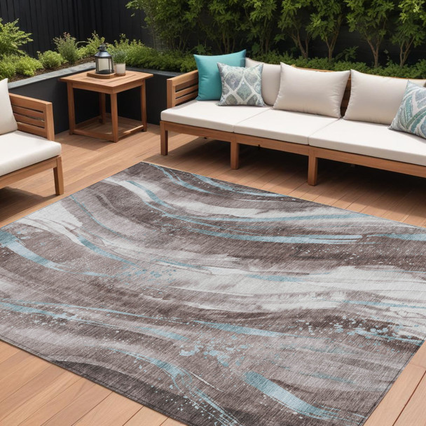 9' X 12' Taupe Sky Blue And Ivory Abstract Washable Indoor Outdoor Area Rug