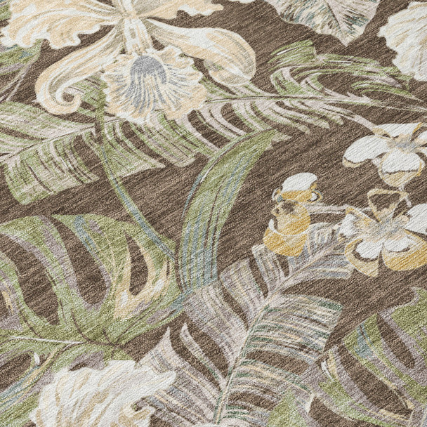 8' X 10' Brown Beige And Olive Green Botanical Leaves Washable Indoor Outdoor Area Rug