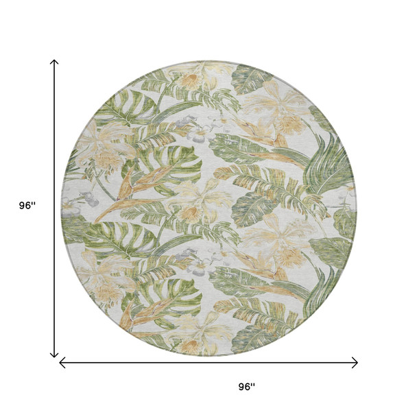 8' Ivory Wheat And Olive Green Round Botanical Leaves Washable Indoor Outdoor Area Rug
