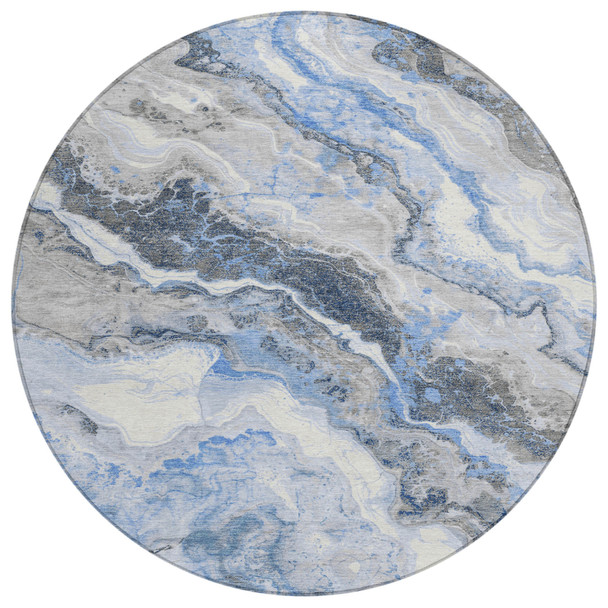 8' Blue And Silver Round Abstract Washable Indoor Outdoor Area Rug
