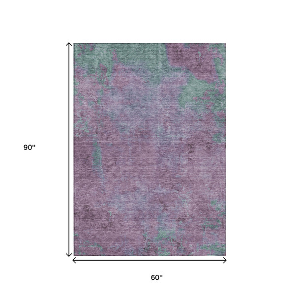 5' X 8' Lavender And Teal Blue Abstract Washable Indoor Outdoor Area Rug