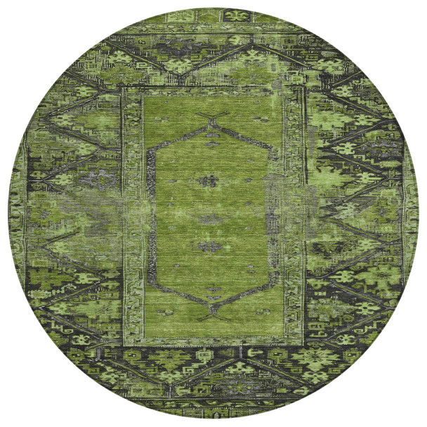 8' Olive Green And Gray Round Oriental Washable Indoor Outdoor Area Rug