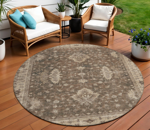 8' Brown And Beige Round Floral Washable Indoor Outdoor Area Rug