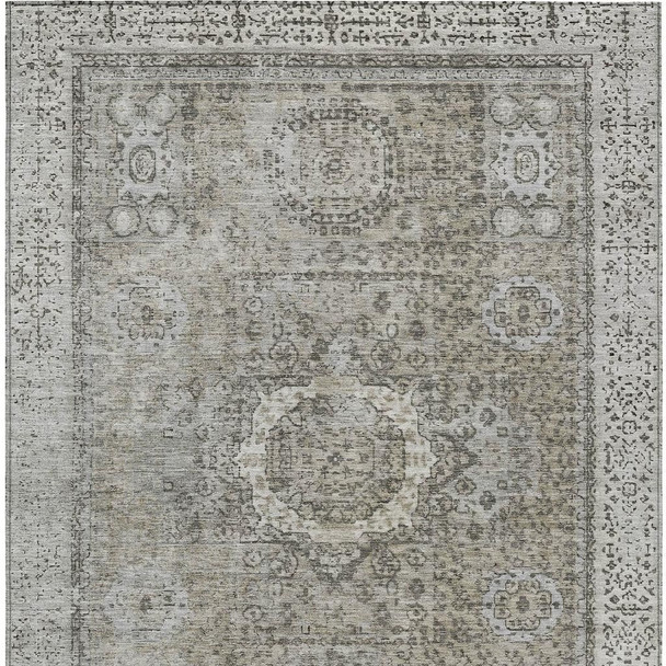 8' X 10' Pewter And Silver Floral Medallion Washable Indoor Outdoor Area Rug