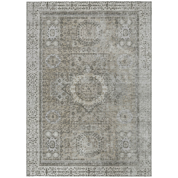 9' X 12' Pewter And Silver Floral Medallion Washable Indoor Outdoor Area Rug
