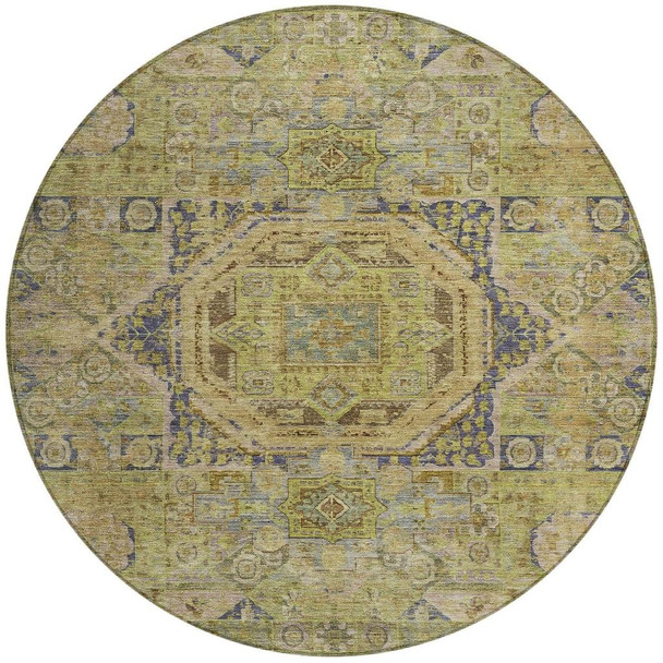 8' Artichoke Green And Blue Round Medallion Washable Indoor Outdoor Area Rug