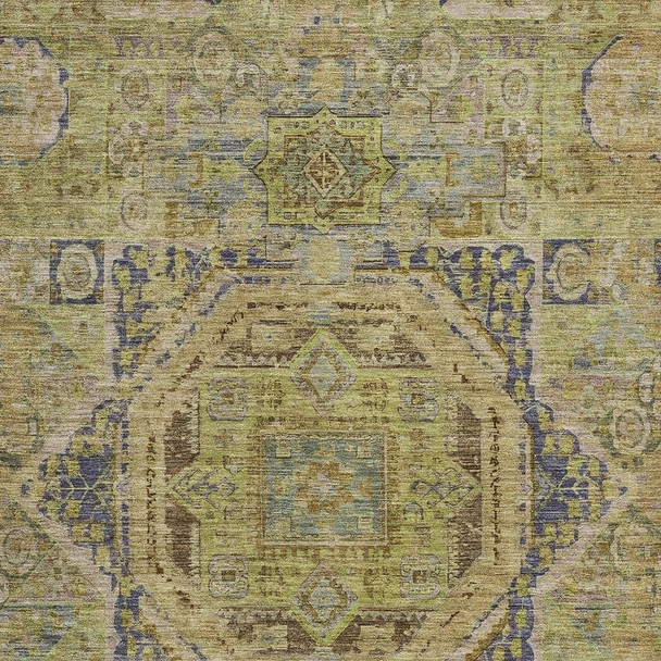 9' X 12' Artichoke Green And Blue Medallion Washable Indoor Outdoor Area Rug