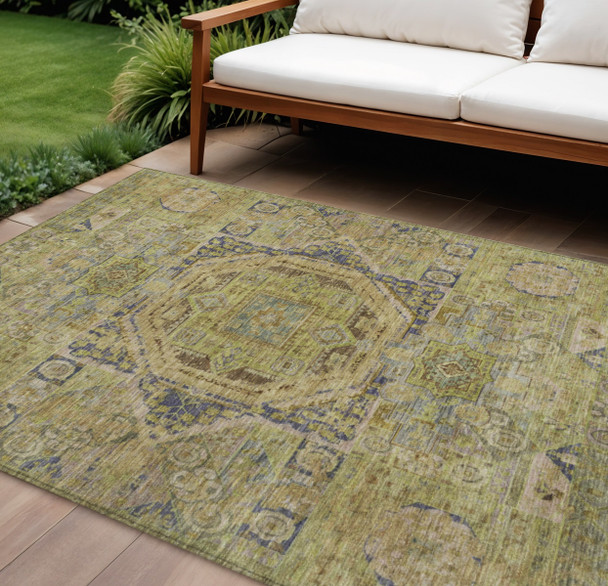 10' X 14' Artichoke Green And Blue Medallion Washable Indoor Outdoor Area Rug