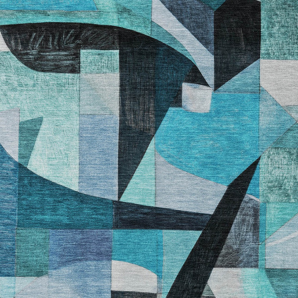 8' X 10' Teal Blue Black Aqua And Turquoise Abstract Washable Indoor Outdoor Area Rug
