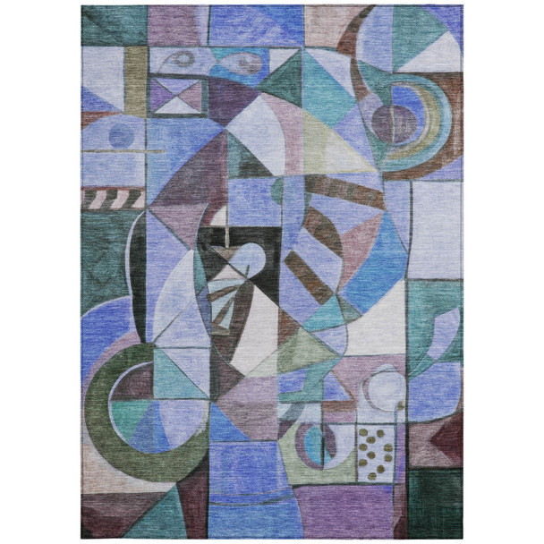 5' X 8' Green Blue Purple And Black Abstract Washable Indoor Outdoor Area Rug