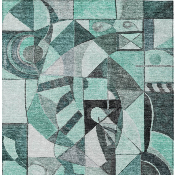 5' X 8' Teal Blue Black Ivory And Gray Abstract Washable Indoor Outdoor Area Rug