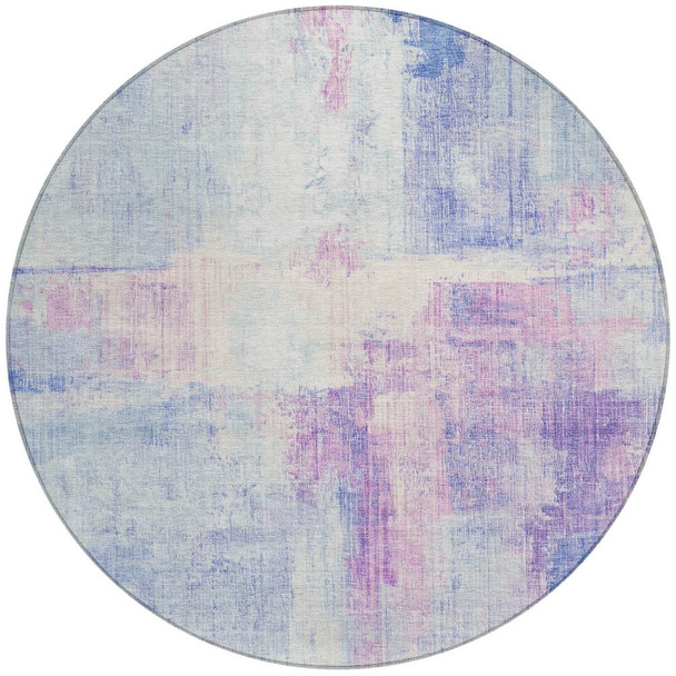 8' Sky Blue And Lavender Round Abstract Washable Indoor Outdoor Area Rug
