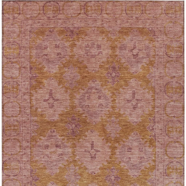 5' X 8' Blush And Orange Damask Washable Indoor Outdoor Area Rug