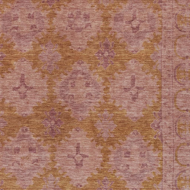 9' X 12' Blush And Orange Damask Washable Indoor Outdoor Area Rug