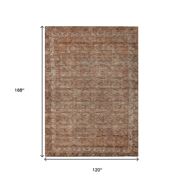 10' X 14' Copper And Peach Floral Washable Indoor Outdoor Area Rug