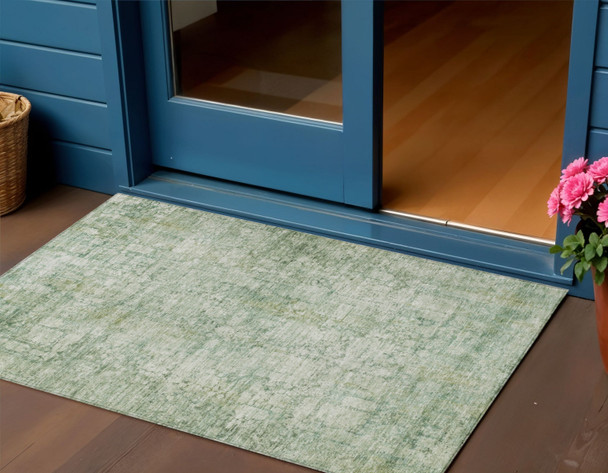 3' X 5' Artichoke Green And Ivory Abstract Washable Indoor Outdoor Area Rug
