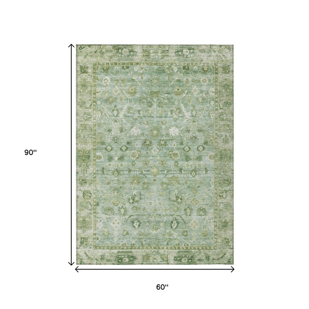5' X 8' Artichoke Green Ivory And Beige Oriental Washable Indoor Outdoor Area Rug