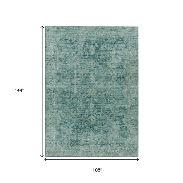 9' X 12' Teal Blue And Olive Green Abstract Washable Indoor Outdoor Area Rug