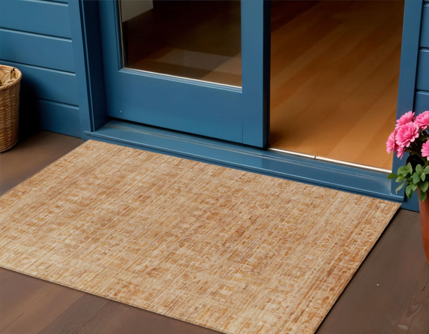 3' X 5' Coral And Peach Abstract Washable Indoor Outdoor Area Rug